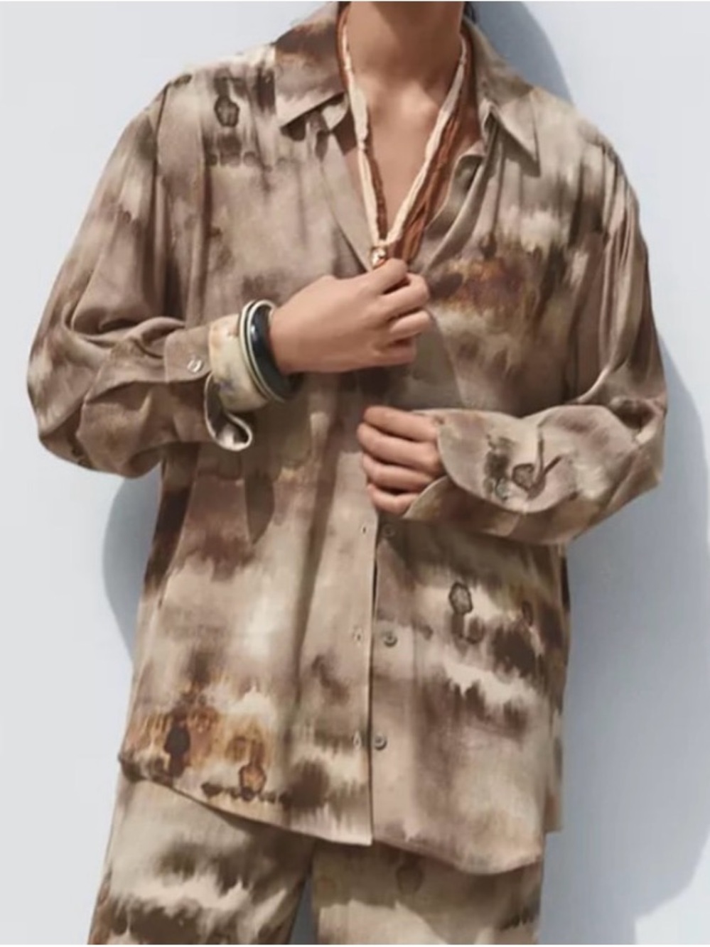 Zara Taupe Tie-Dye Button-Up Shirt viscose Erthy Natural Sz S oversized - Picture 2 of 9